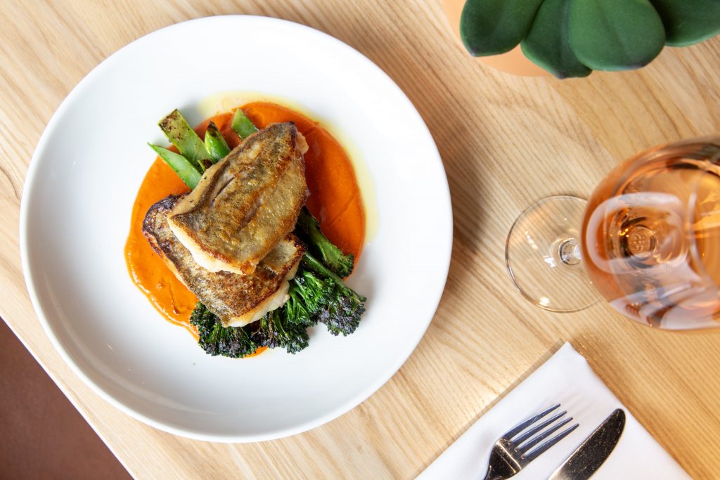 Pan Seared Pickerel with Charred Broccolini & Romesco Sauce