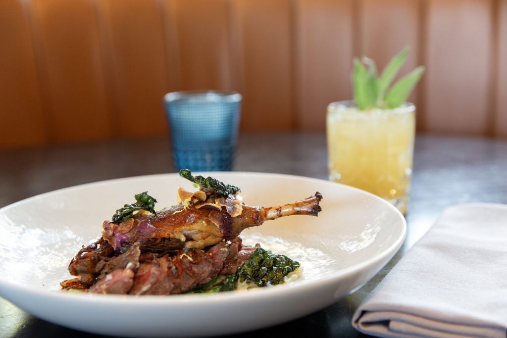 Confit Leg Of Duck with Crisp and Creamy Sunchoke & Sour Cherry Jam